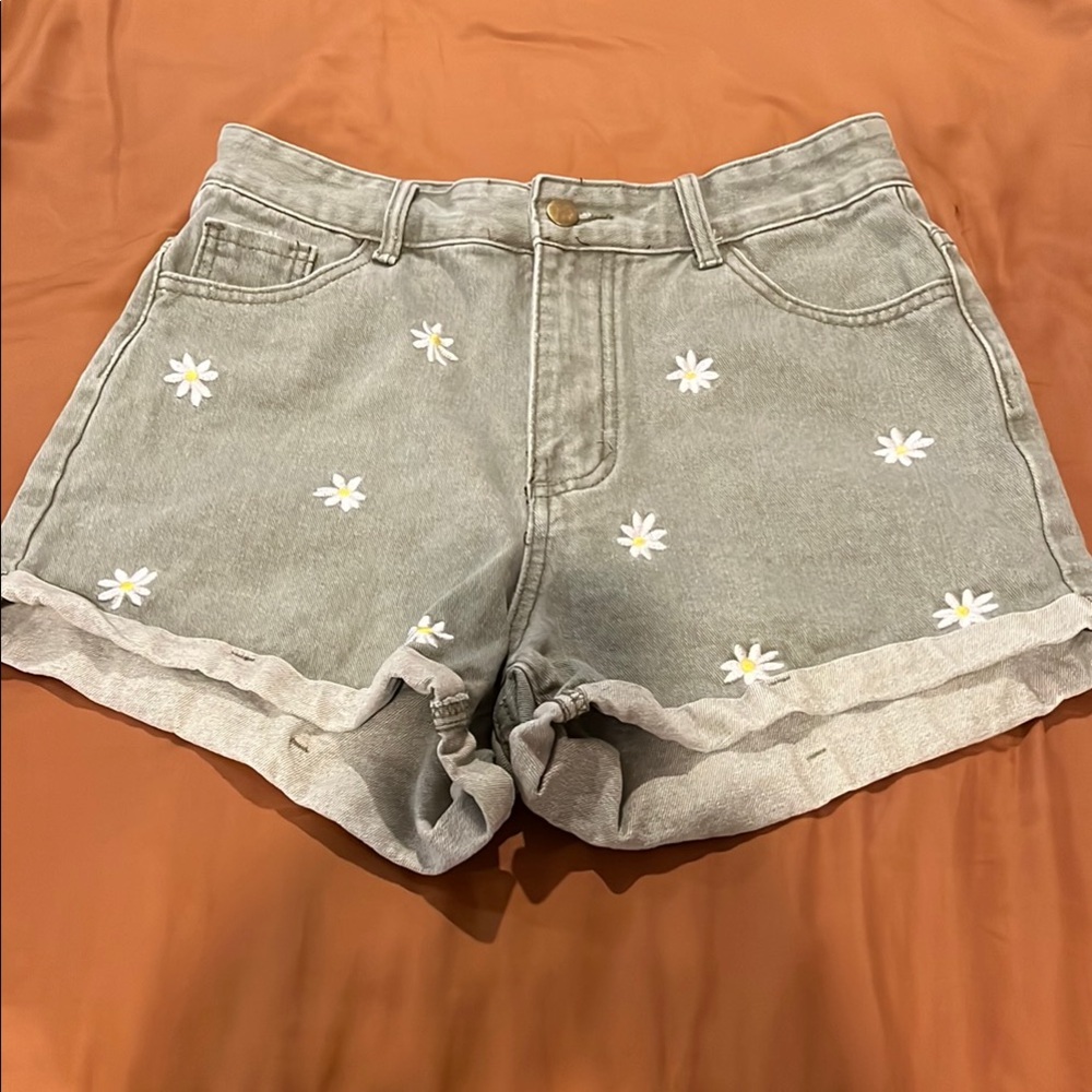 SHEIN Gray Jean Shorts with Floral Embroidery